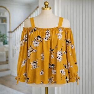 Anthropology Sienna Sky Mustard Yellow Floral Off Shoulder Ruffle Blouse Medium